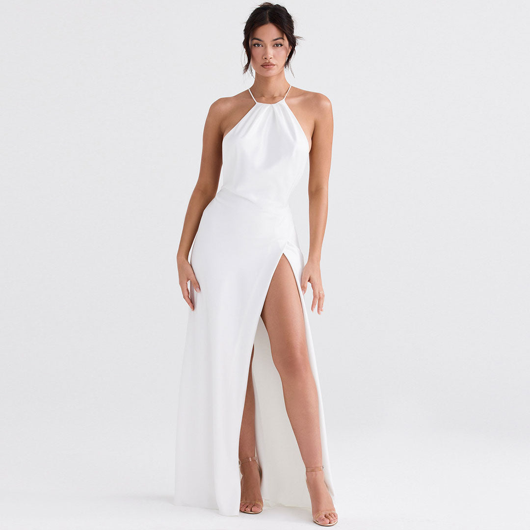 High Split Sleeveless Backless Evening Maxi Dress - White