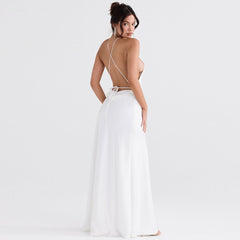 High Split Sleeveless Backless Evening Maxi Dress - White