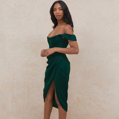 Off Shoulder Draped Corset Cocktail Midi Dress - Emerald Green