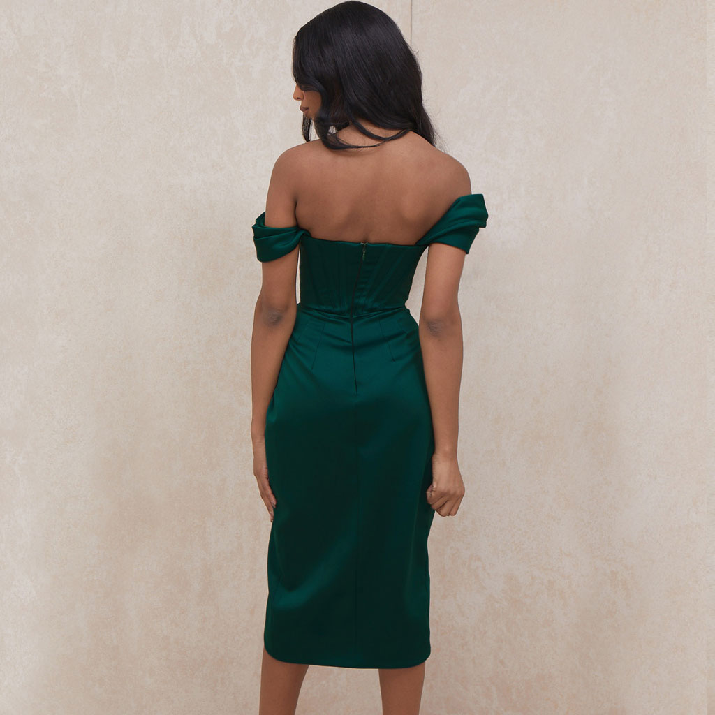 Vestido midi de cóctel con corsé drapeado y hombros descubiertos - Verde esmeralda