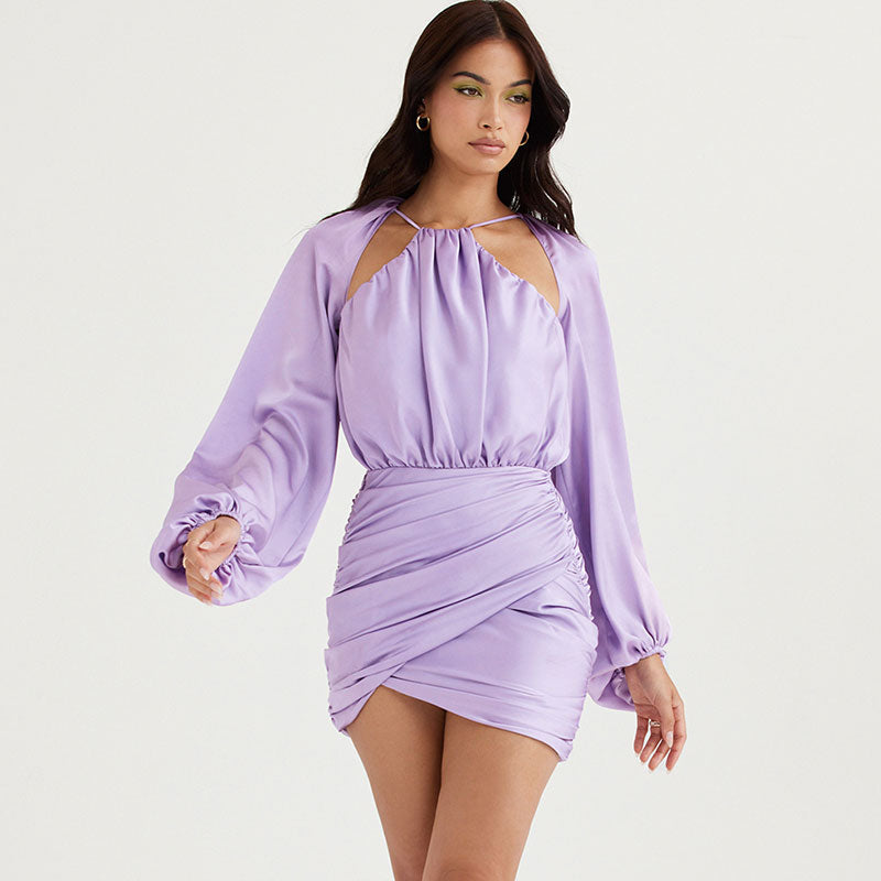Ruched Bishop Sleeve Halter Backless Mini Dress - Purple