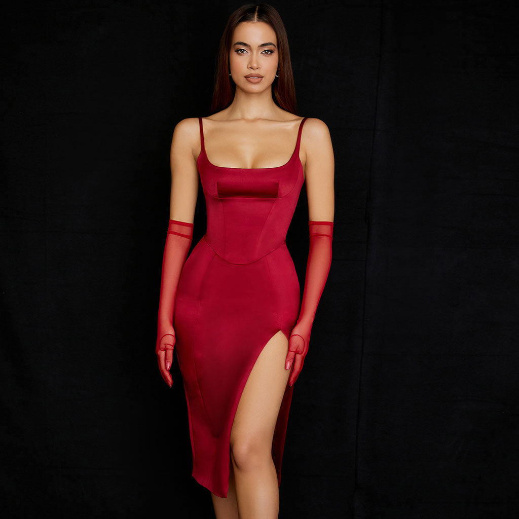 Vestido de cóctel midi con escote redondo y abertura alta - Rojo