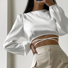 Tie String Long Sleeve Crew Neck Wrapped Crop Top - White