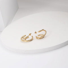 Glossy Gold Tone Plated Triple Circle Double Hoop Earrings - Gold