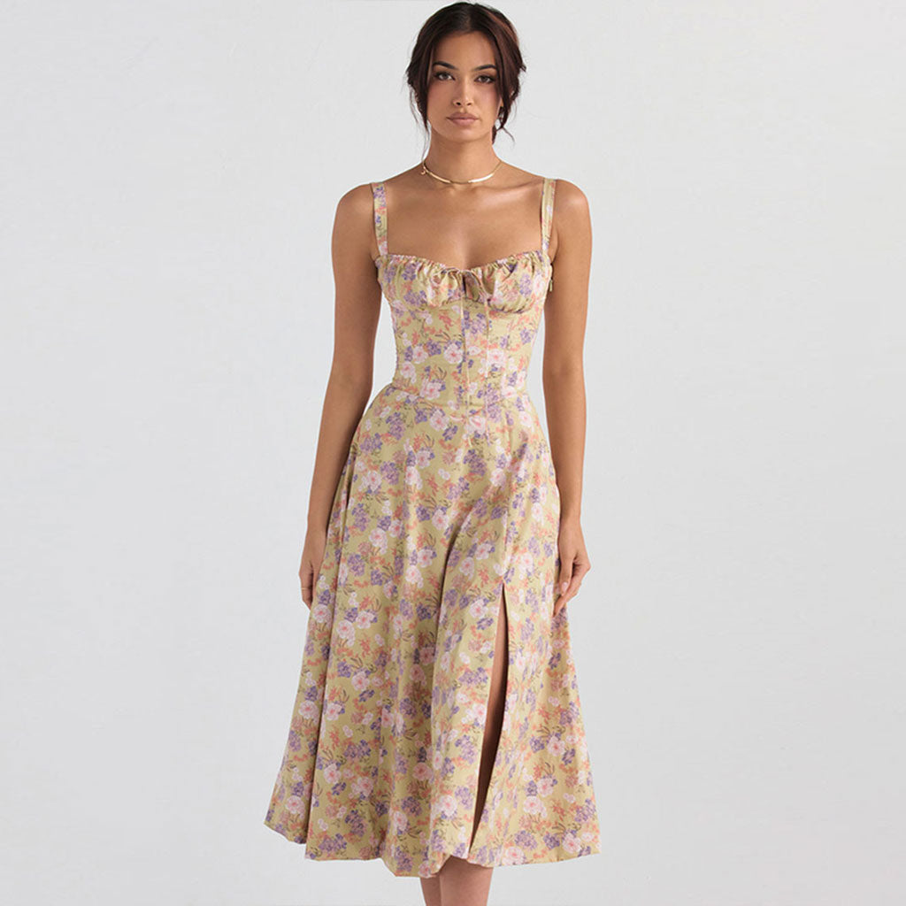 Vestido veraniego midi con estampado floral, encaje en la espalda y abertura con lazo - Verde