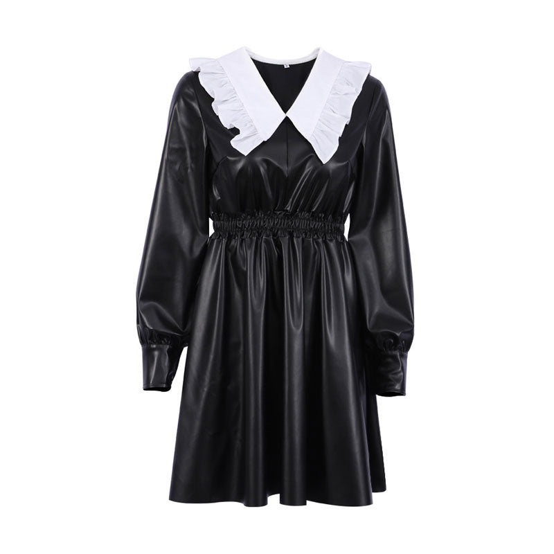 Gothic Style Peter Pan Long Sleeve Leather Mini Dress - Black