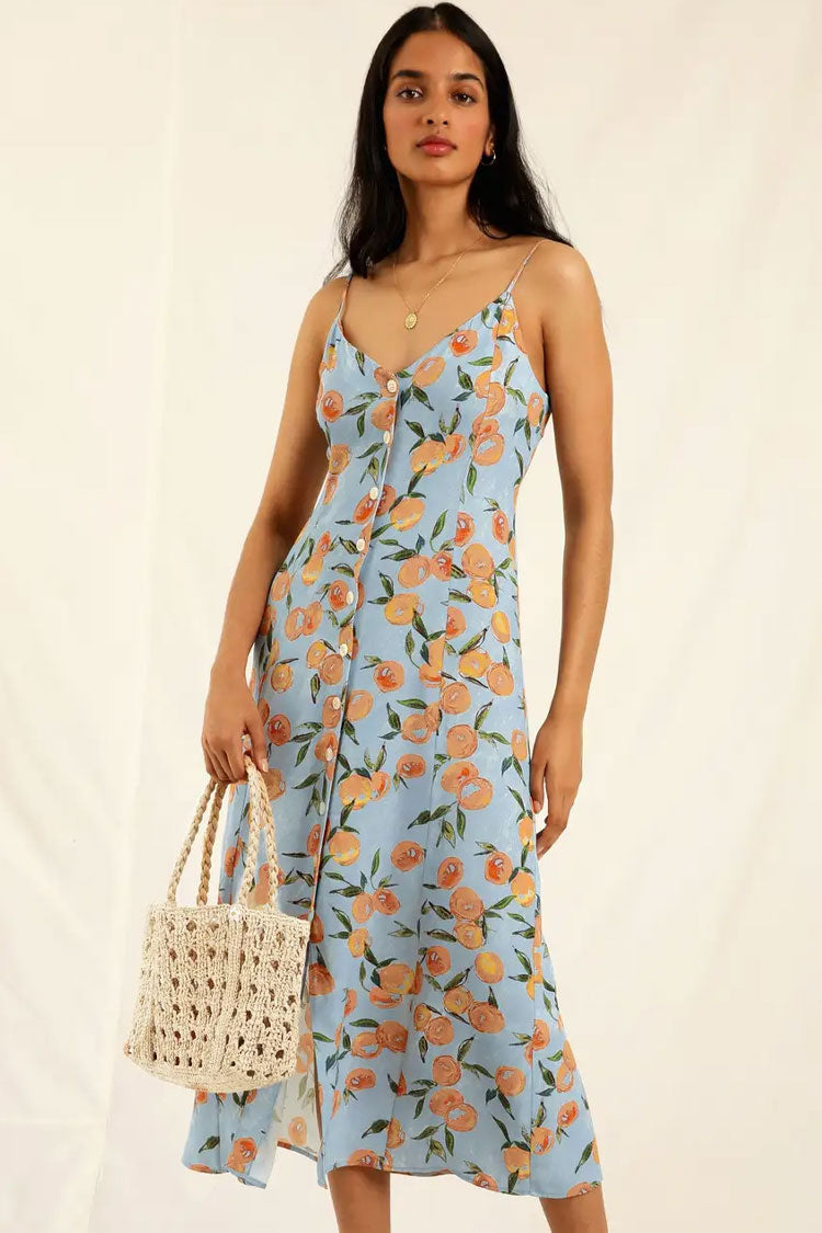 Groovy Fruit Printed Button Up French Style Slip Midi Dress -Blue