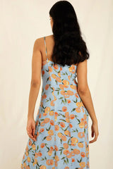 Groovy Fruit Printed Button Up French Style Slip Midi Dress -Blue