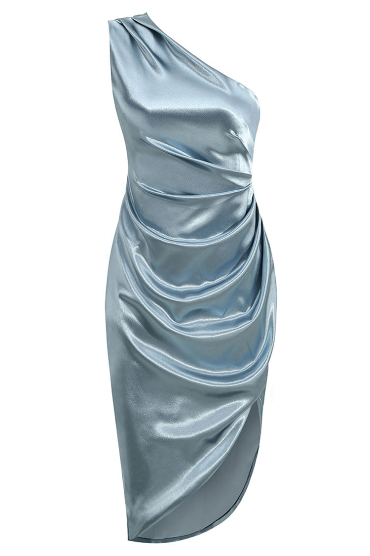 High Slit One Shoulder Satin Cocktail Party Dress