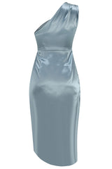 High Slit One Shoulder Satin Cocktail Party Dress - Dusty Blue
