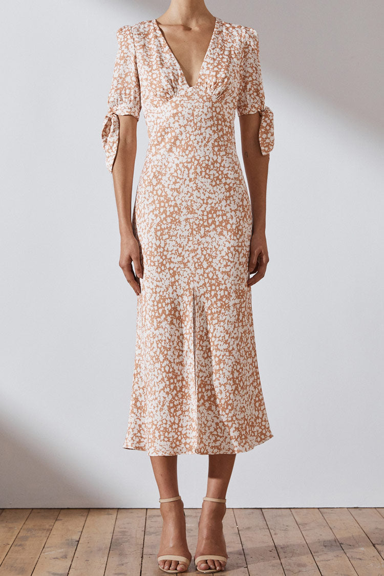 High Slit Puff Sleeve Deep V French Floral Midi Dress - Apricot