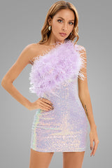 Iridescent Sequin One Shoulder Feather Trim Party Midi Dress - Lilac