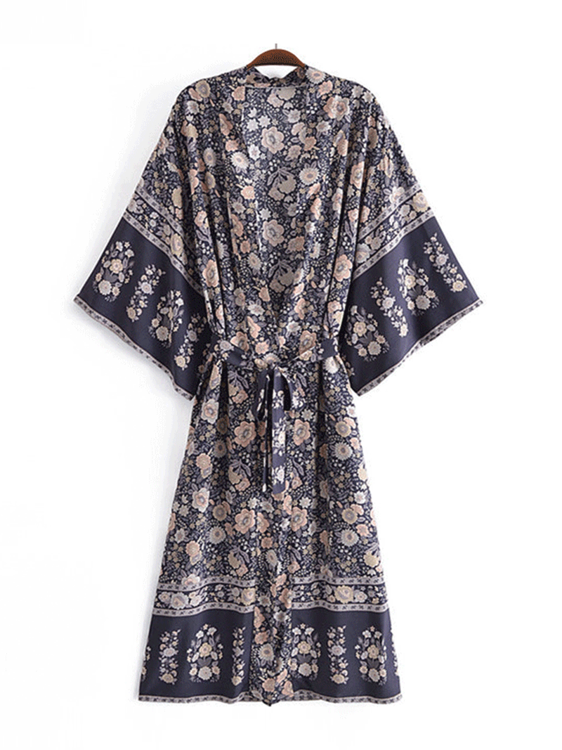 Party Wear Floral Print Black Color Cotton Long Length Gown Kimono Duster Robe