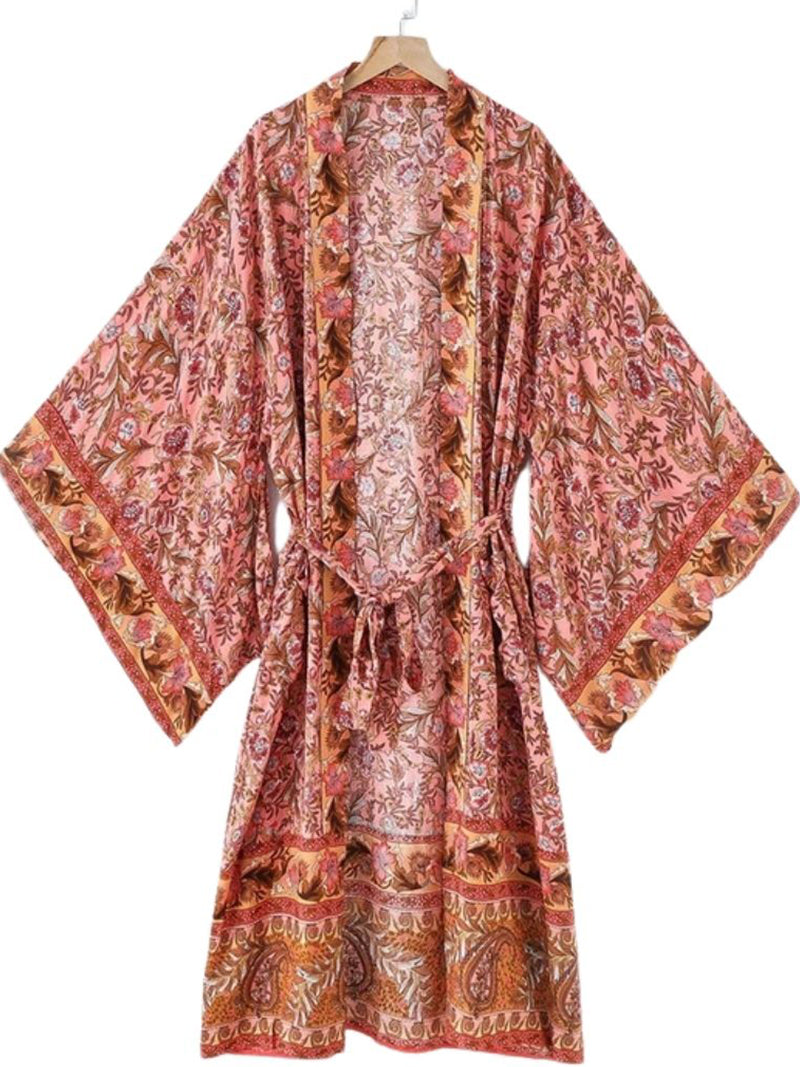 Partywear Floral Print Pink Color Cotton Long Length Gown Kimono Duster Robe