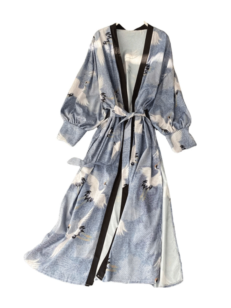 Kunstwerk Druck Blau Farbe Polyester Lange Länge Kleid Kimono Duster Robe