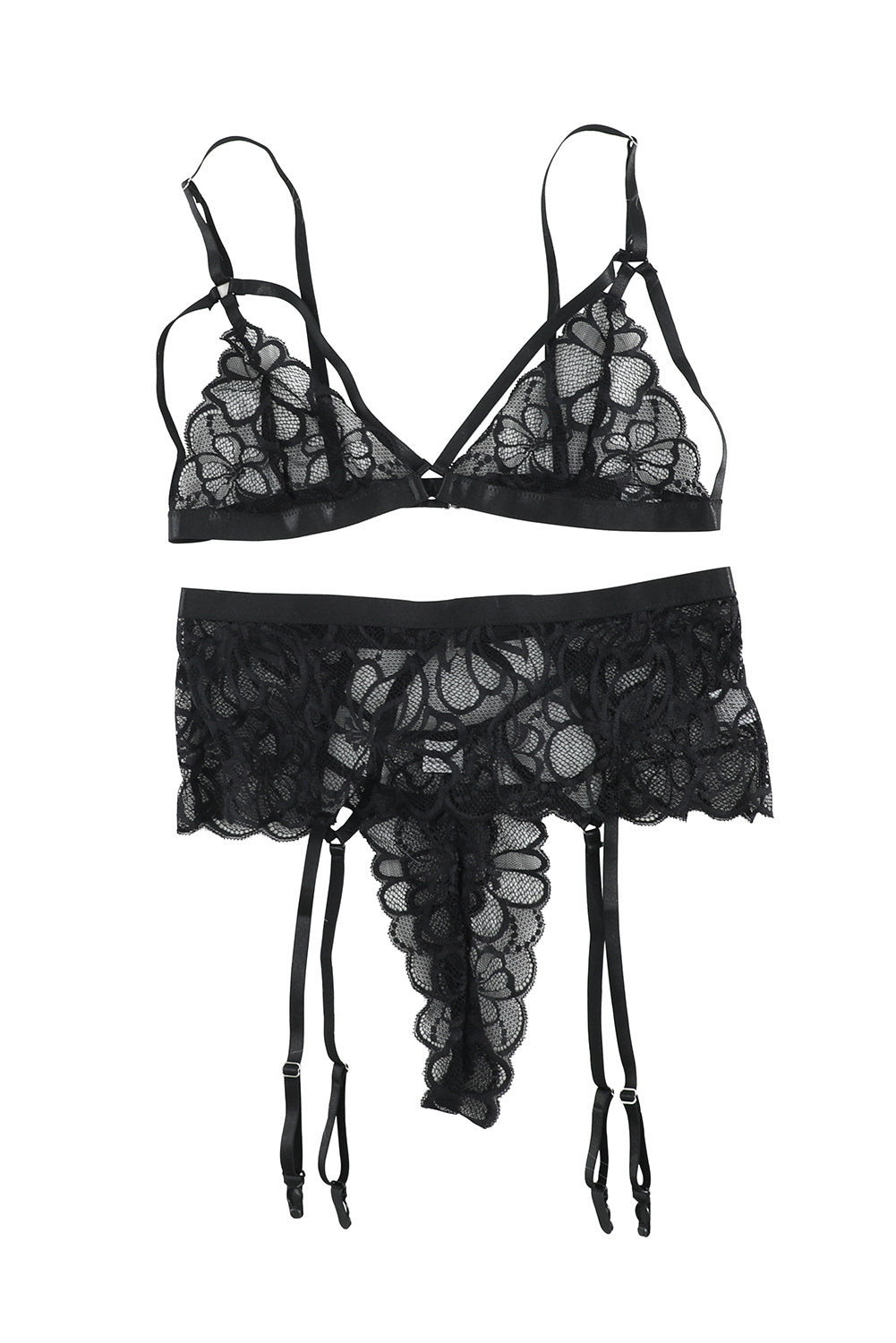 Lace Strappy 3Pcs Lingerie Set With Garter Belt