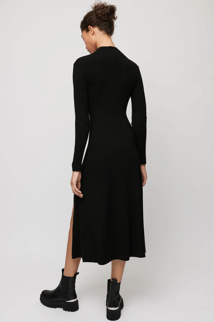 Long Sleeve High Neck High Slit Cashmere Sweater Midi Dress