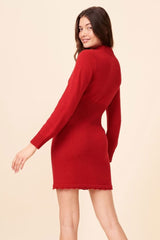Long Sleeve High Neck Winter French Sweater Mini Dress - Red