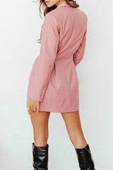 Long Sleeve Pleated Waist Lapel V Neck Mini Blazer Dress - Pink