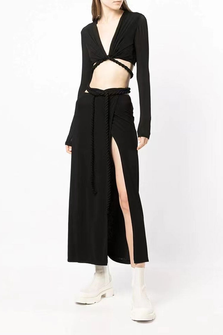 Long Sleeve Rope Wrap Top Split Skirt Two Piece Midi Dress - Black