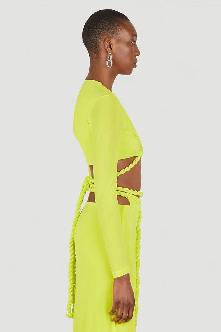 Long Sleeve Rope Wrap Top Split Skirt Two Piece Midi Dress - Lime Green