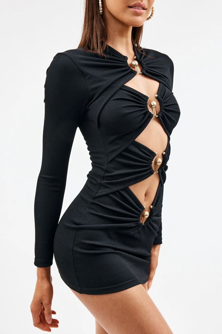 Long Sleeve Ruched Front  Cutout Rib Bandage Club Mini Dress - Black