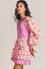 Long Sleeve Tiered Ruffle Floral Printed Mini Dress - Pink