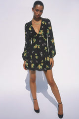 Long Sleeve V Neck Fit & Flare French Silk Floral Mini Dress - Black