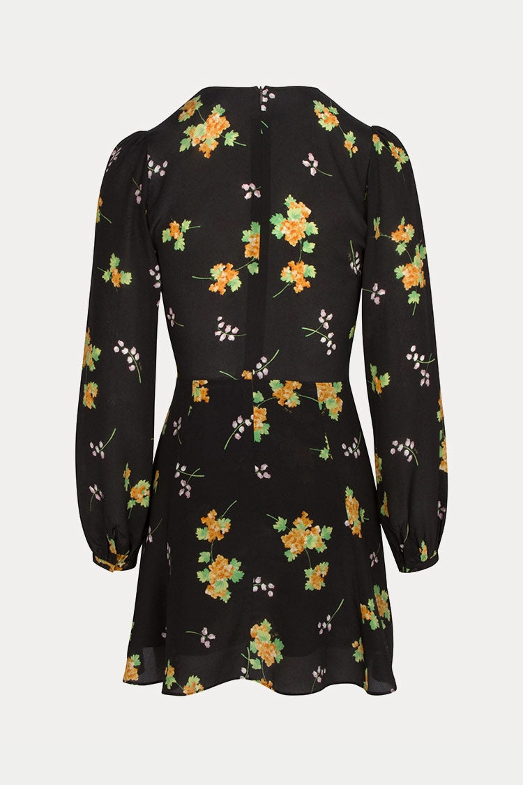 Long Sleeve V Neck Fit & Flare French Silk Floral Mini Dress - Black
