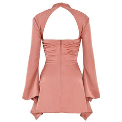 High Neck Cut Out Long Sleeve Draped Satin Mini Dress - Pink