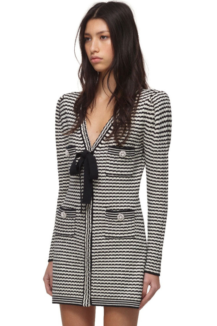 Luxury Long Sleeve Bow V Neck Winter Sweater Mini Dress - Stripe