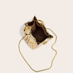 Ring Handle Drawstring Crossbody Bucket Bag - Gold