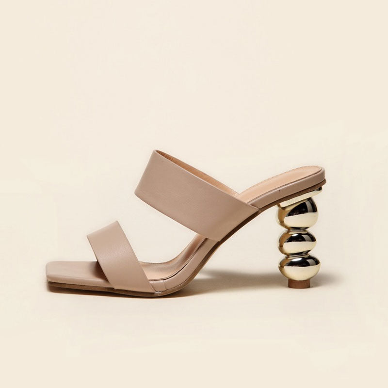 Geometric High Heel Square Toe Mule Sandals - Nude