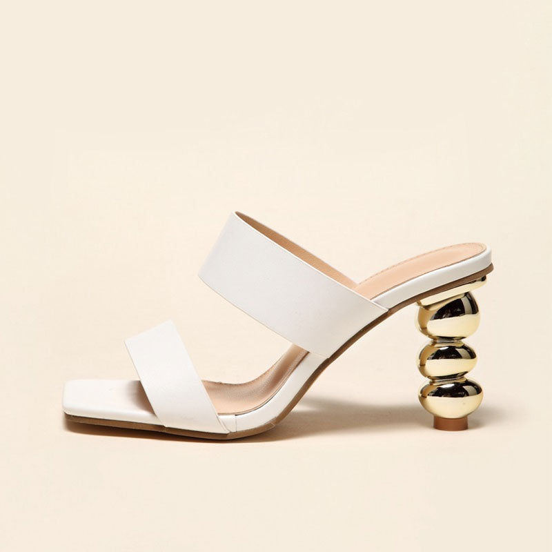 Geometric High Heel Square Toe Mule Sandals - White