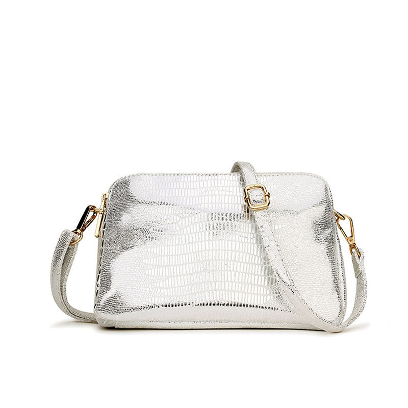 Laminated Leather Animal Pattern Double Zip Crossbody Bag - Silver