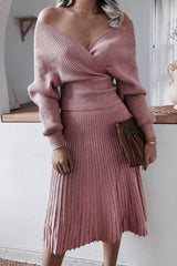 Metallic Lurex Rib Knit Off Shoulder Sweater Two Piece Midi Dress - Dusty Pink
