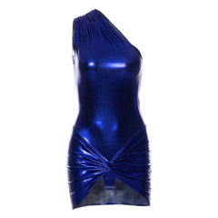 Ruched Twist Trim One Shoulder Bodycon Party Mini Dress - Royal Blue
