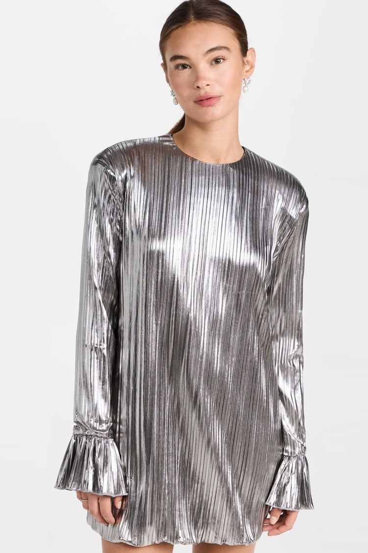 Metallic Schulterpolster Langarm Etuikleid Plissee Minikleid - Silber