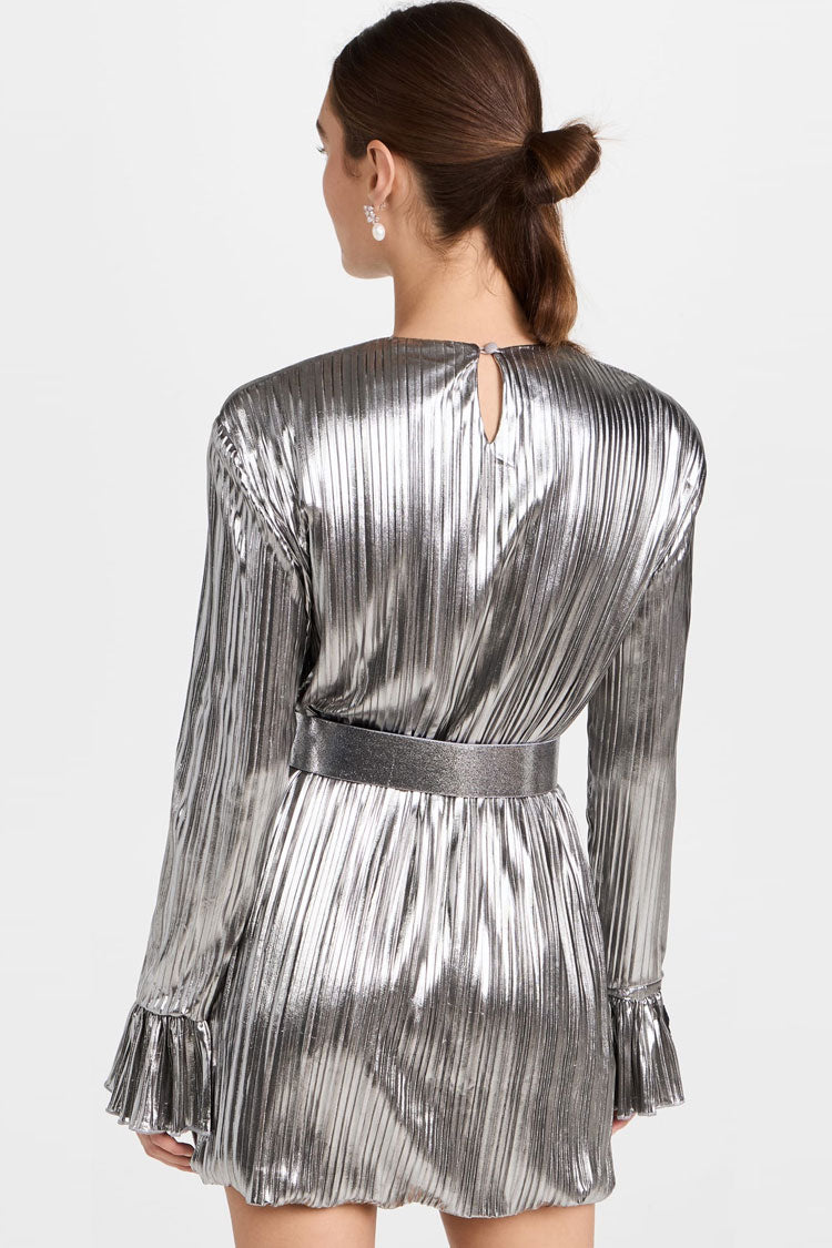 Metallic Schulterpolster Langarm Etuikleid Plissee Minikleid - Silber