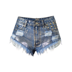 High Waist Distressed Denim Shorts - Blue