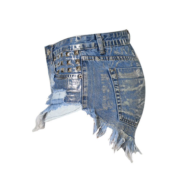 High Waist Distressed Denim Shorts - Blue