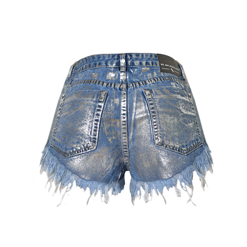 High Waist Distressed Denim Shorts - Blue