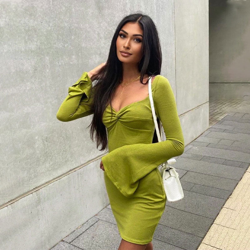 Twist Trim Long Sleeve Bodycon Mini Dress - Green