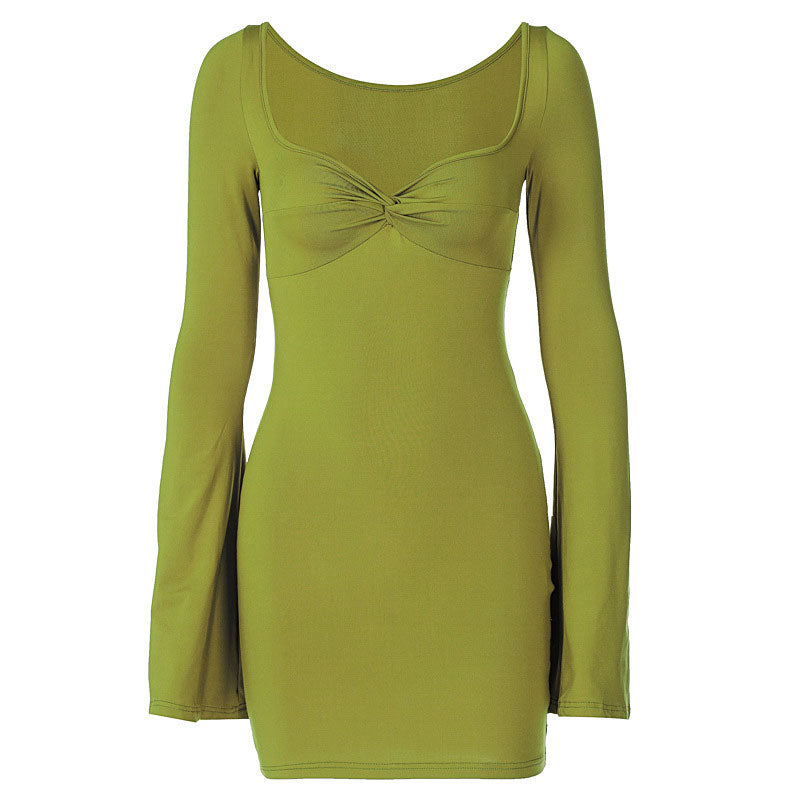 Twist Trim Long Sleeve Bodycon Mini Dress - Green