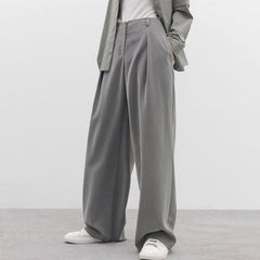 High Waist Pleat Trim Side Pocket Wide Leg Pants - Gray