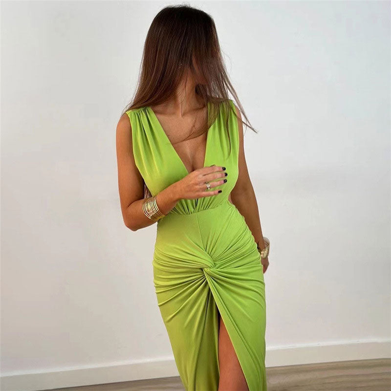 Twist Trim Deep V Sleeveless Split Open Back Maxi Dress - Green