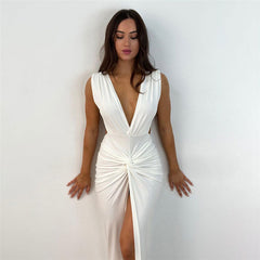 Twist Trim Deep V Sleeveless Split Open Back Maxi Dress - White