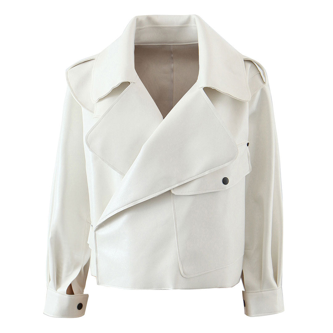 Long Sleeve Collared Cropped Trench Coat - White