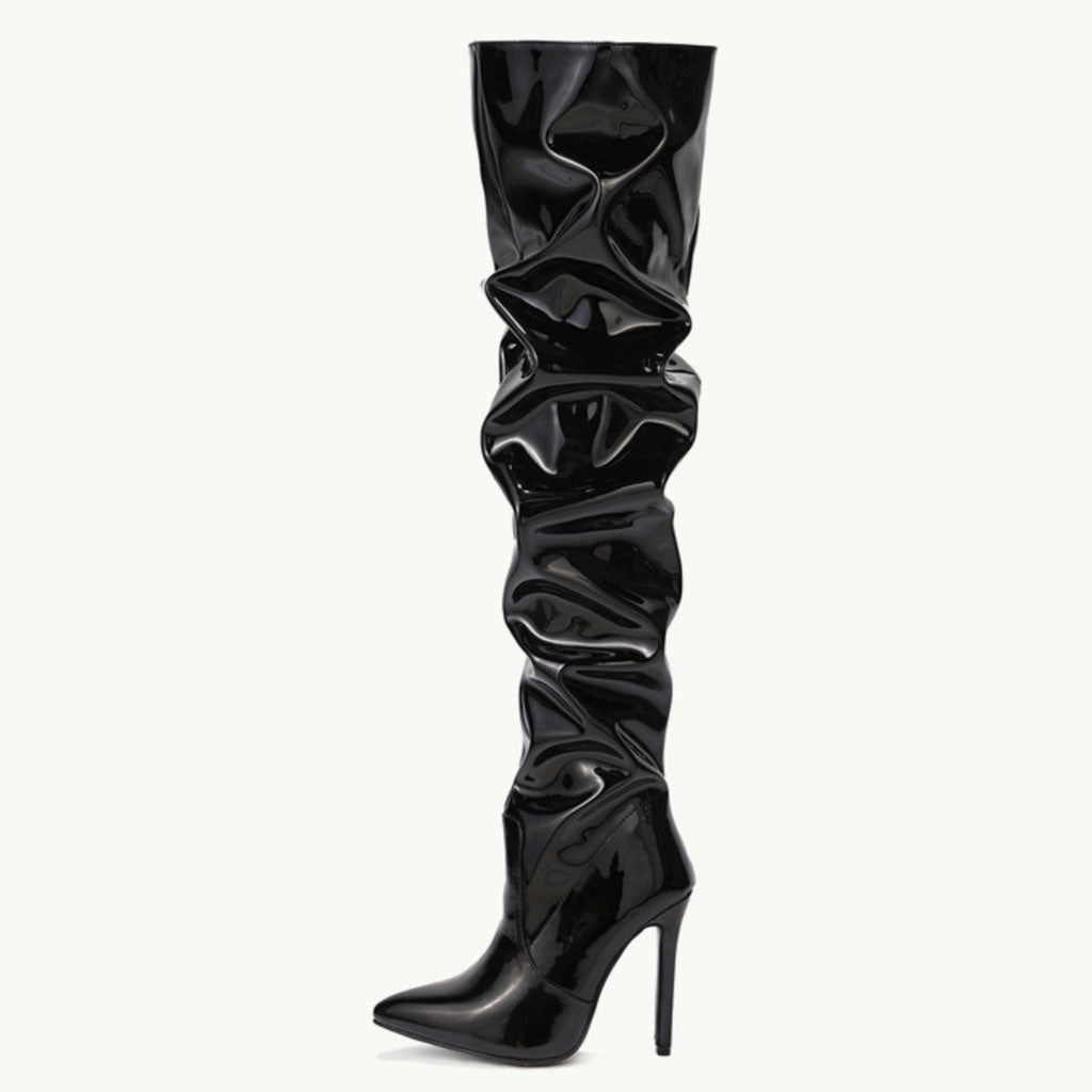 Pointed Toe Stiletto Heel Leather Thigh High Boots - Black