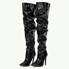 Overknee-Stiefel aus Leder mit spitzer Zehenpartie und Stilettoabsatz - Schwarz